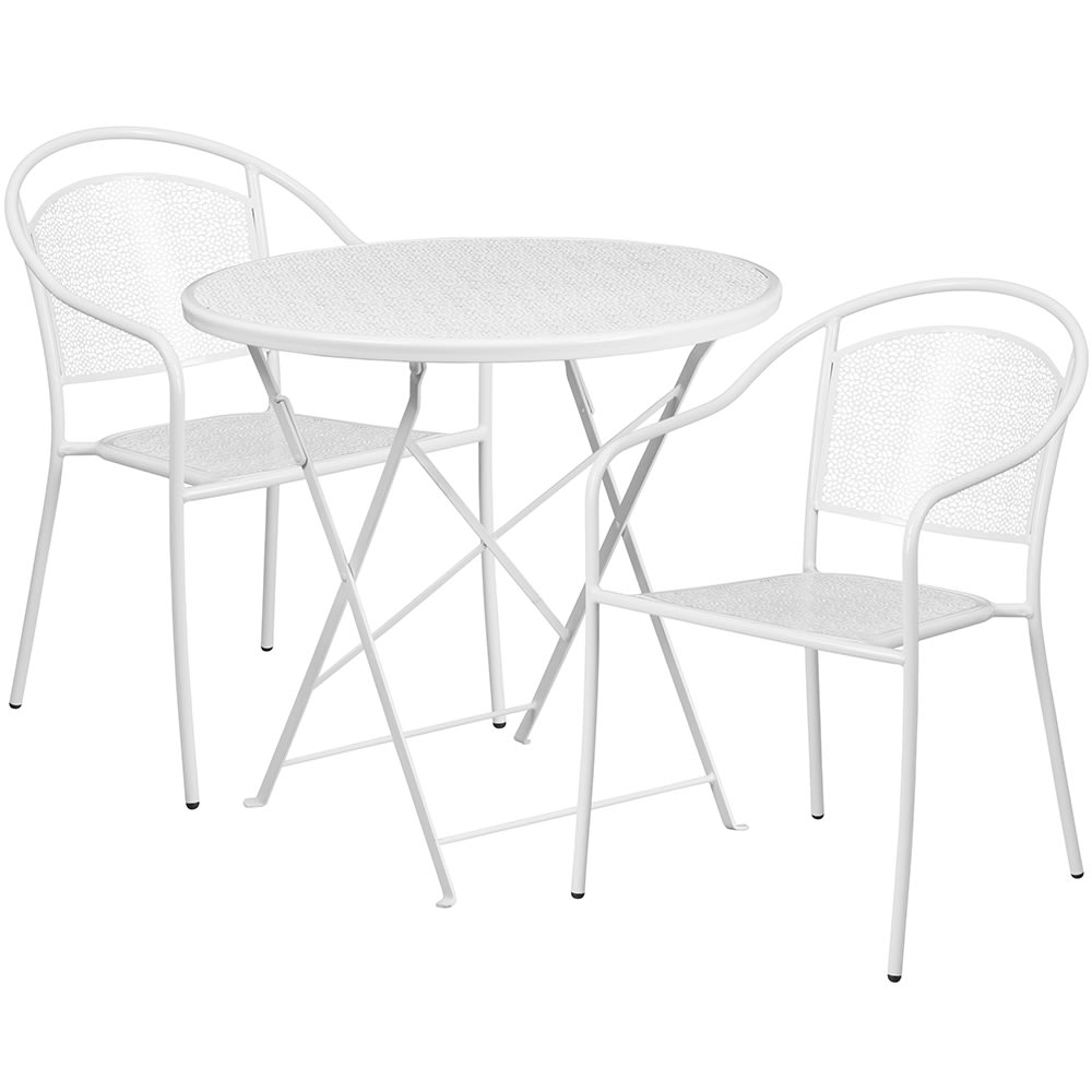 Flash Furniture CO-30RDF-03CHR2-WH-GG 30" Round Folding Patio Table & (2) Round Back Arm Chair Set - Steel, White