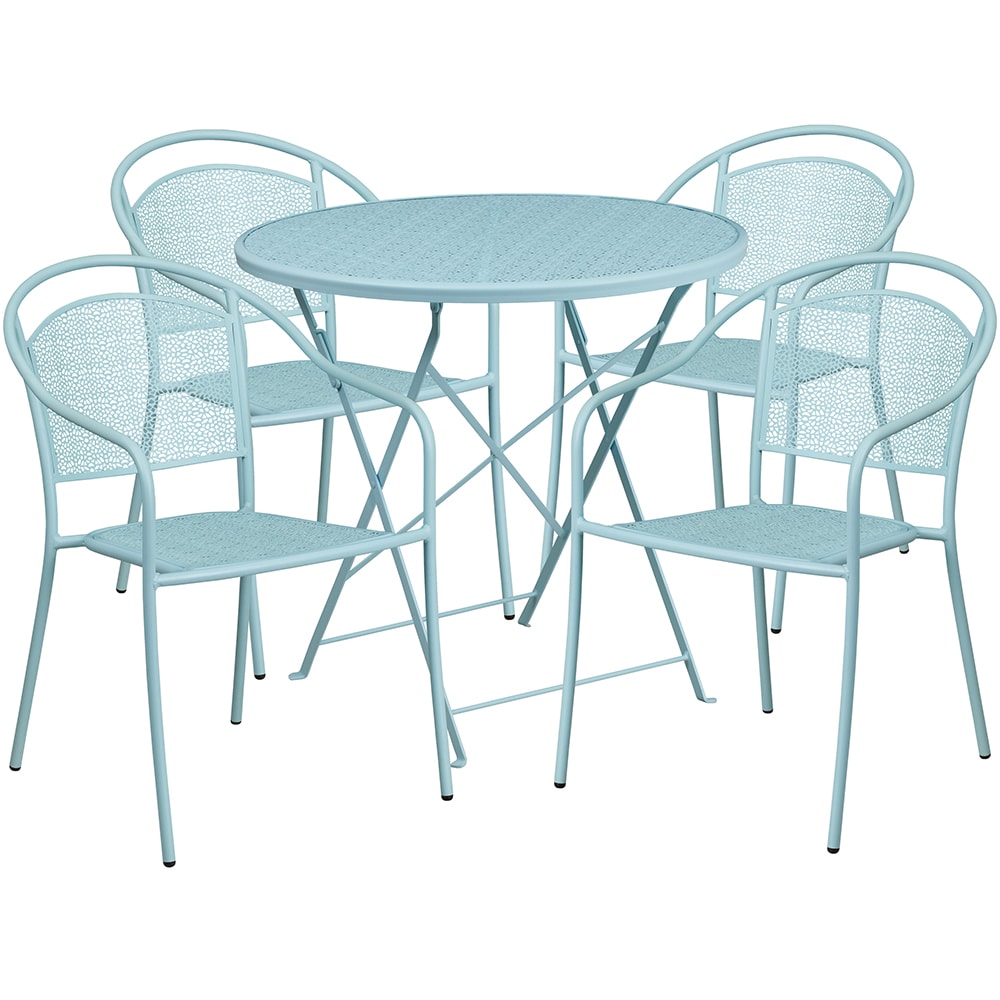 Flash Furniture CO-30RDF-03CHR4-SKY-GG 30" Round Folding Patio Table & (4) Round Back Arm Chair Set - Steel, Sky Blue