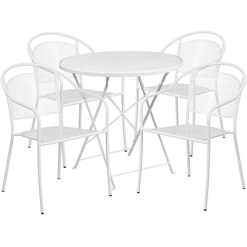 Flash Furniture CO-30RDF-03CHR4-WH-GG 30" Round Folding Patio Table & (4) Round Back Arm Chair Set - Steel, White