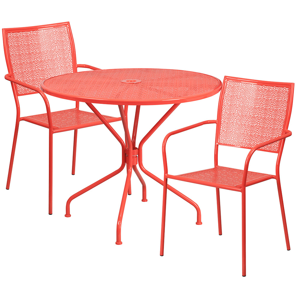 Flash Furniture CO-35RD-02CHR2-RED-GG 35 1/4" Round Patio Table & (2) Square Back Arm Chair Set - Steel, Coral