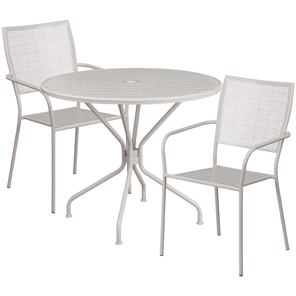 Flash Furniture CO-35RD-02CHR2-SIL-GG 35 1/4" Round Patio Table & (2) Square Back Arm Chair Set - Steel, Light Gray