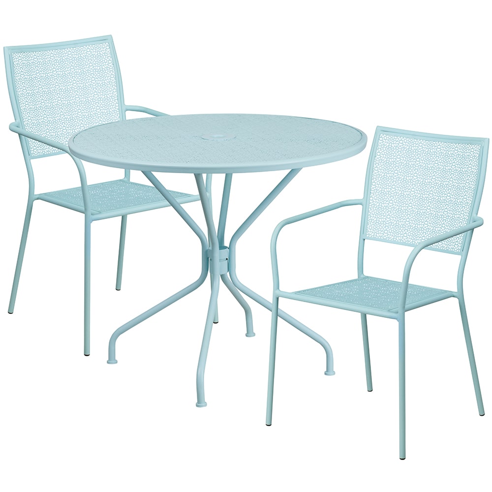 Flash Furniture CO-35RD-02CHR2-SKY-GG 35 1/4" Round Patio Table & (2) Square Back Arm Chair Set - Steel, Sky Blue