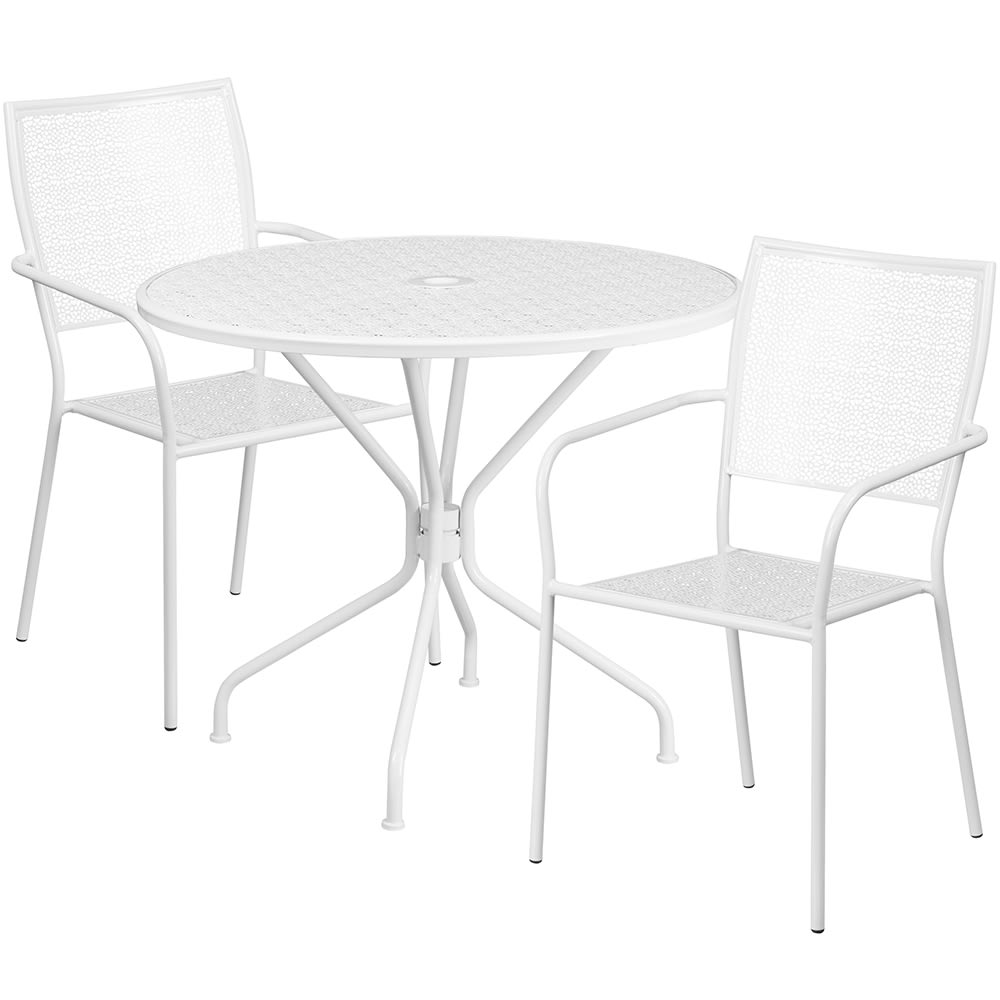 Flash Furniture CO-35RD-02CHR2-WH-GG 35 1/4" Round Patio Table & (2) Square Back Arm Chair Set - Steel, White