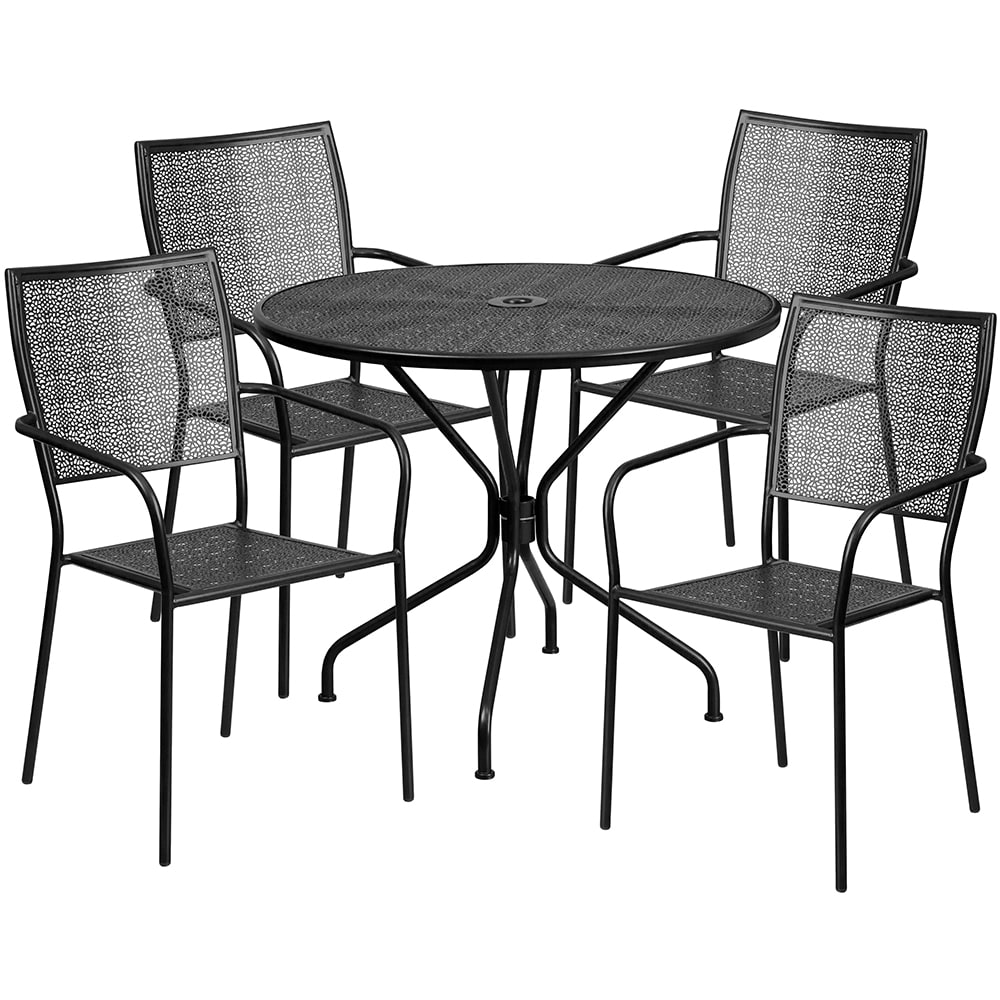 Flash Furniture CO-35RD-02CHR4-BK-GG 35 1/4" Round Patio Table & (4) Square Back Arm Chair Set - Steel, Black