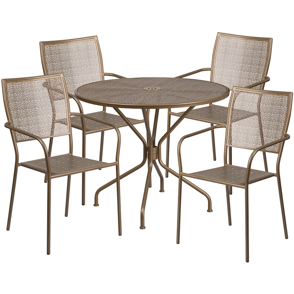 Flash Furniture CO-35RD-02CHR4-GD-GG 35 1/4" Round Patio Table & (4) Square Back Arm Chair Set - Steel, Gold
