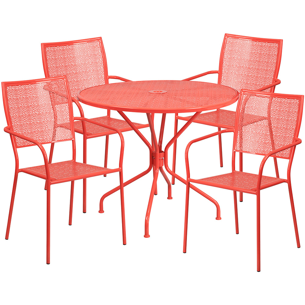 Flash Furniture CO-35RD-02CHR4-RED-GG 35 1/4" Round Patio Table & (4) Square Back Arm Chair Set - Steel, Coral