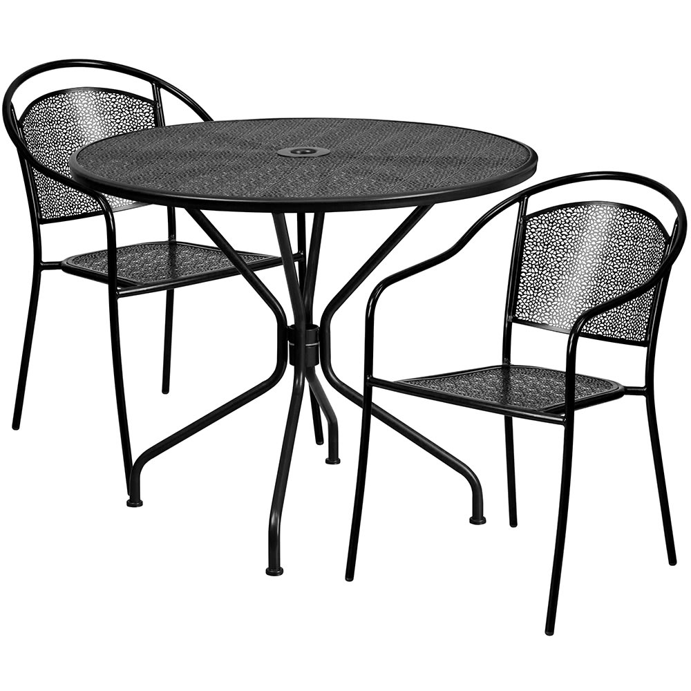 Flash Furniture CO-35RD-03CHR2-BK-GG 35 1/4" Round Patio Table & (2) Round Back Arm Chair Set - Steel, Black