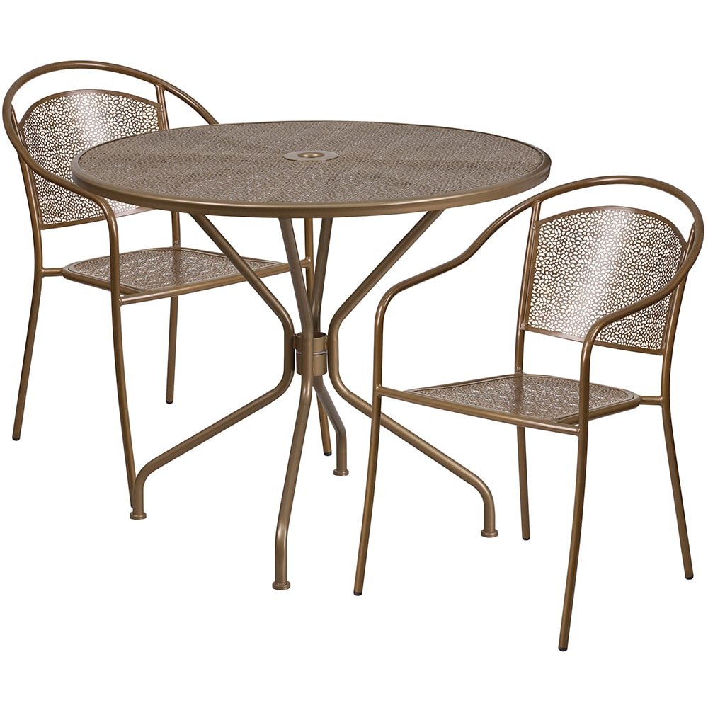 Flash Furniture CO-35RD-03CHR2-GD-GG 35 1/4" Round Patio Table & (2) Round Back Arm Chair Set - Steel, Gold