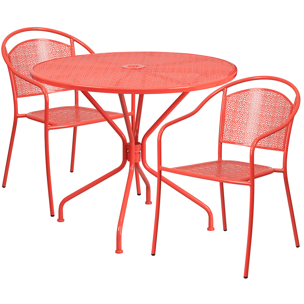 Flash Furniture CO-35RD-03CHR2-RED-GG 35 1/4" Round Patio Table & (2) Round Back Arm Chair Set - Steel, Coral