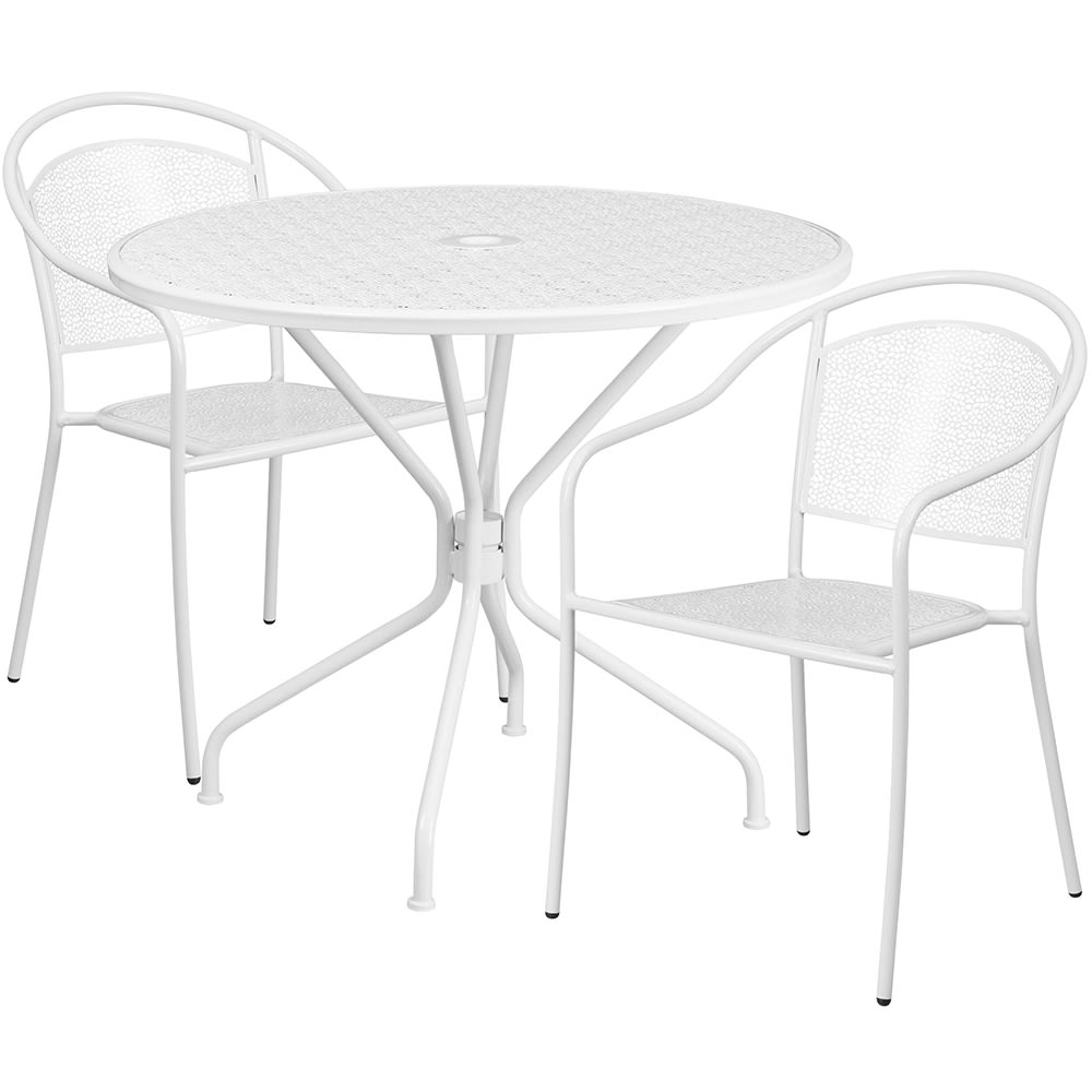 Flash Furniture CO-35RD-03CHR2-WH-GG 35 1/4" Round Patio Table & (2) Round Back Arm Chair Set - Steel, White