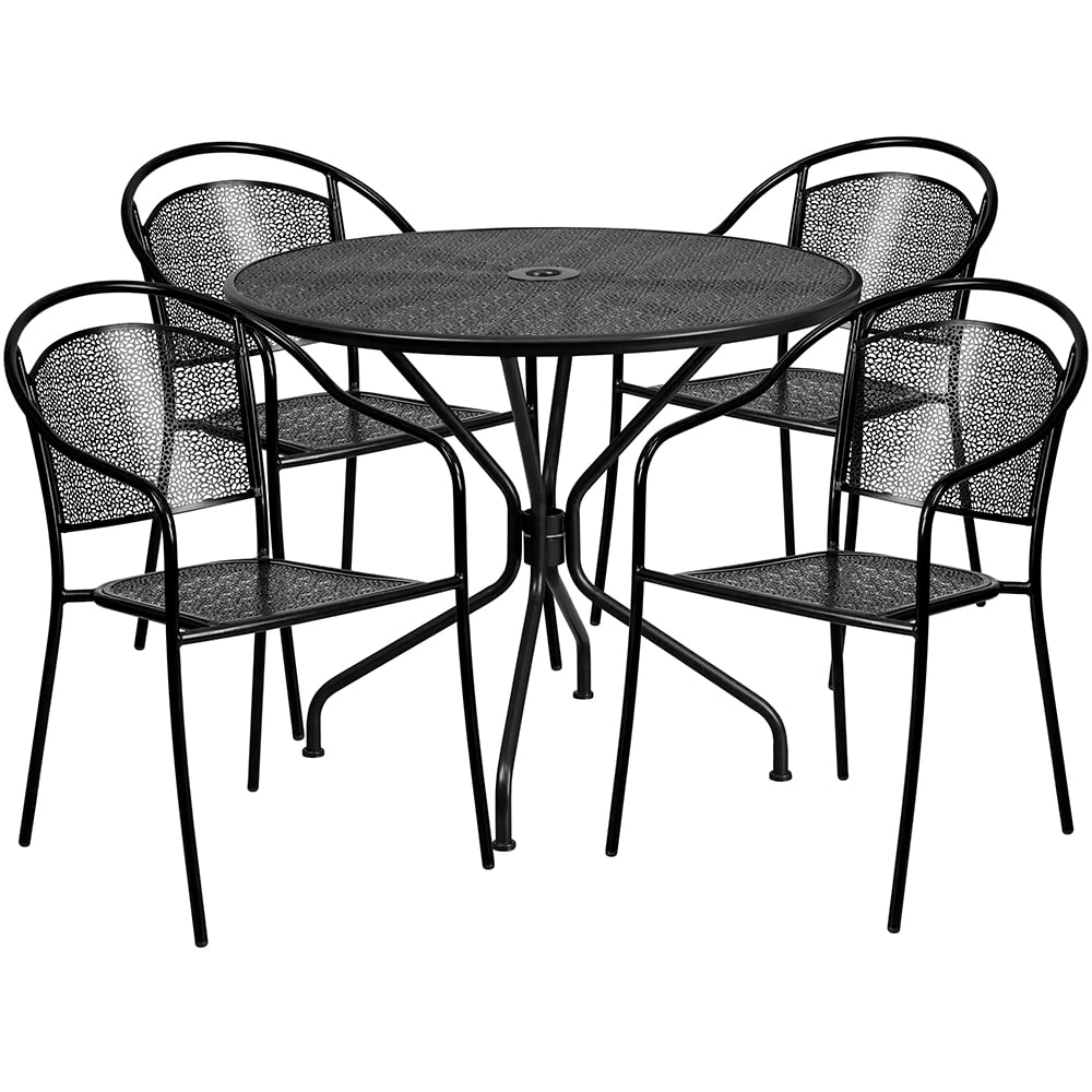Flash Furniture CO-35RD-03CHR4-BK-GG 35 1/4" Round Patio Table & (4) Round Back Arm Chair Set - Steel, Black