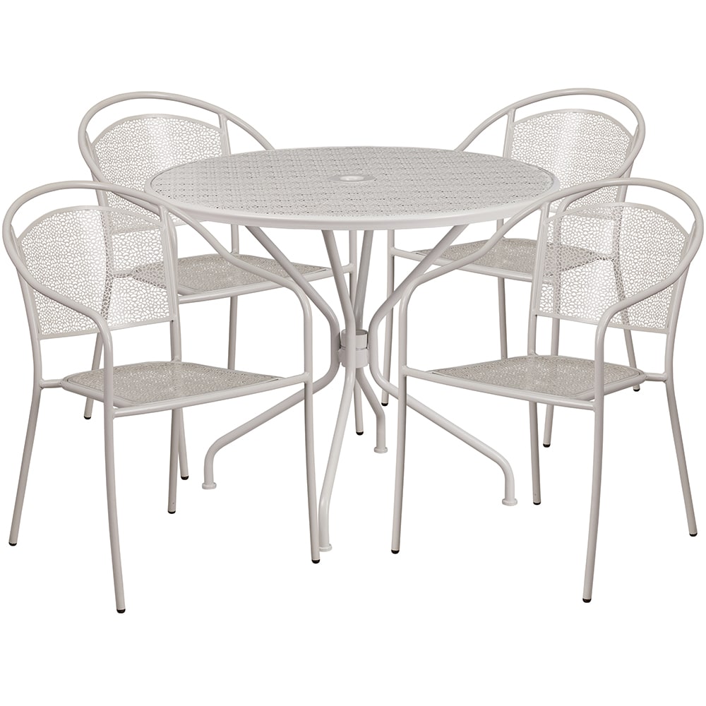 Flash Furniture CO-35RD-03CHR4-SIL-GG 35 1/4" Round Patio Table & (4) Round Back Arm Chair Set - Steel, Light Gray