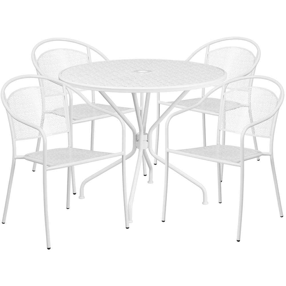 Flash Furniture CO-35RD-03CHR4-WH-GG 35 1/4" Round Patio Table & (4) Round Back Arm Chair Set - Steel, White