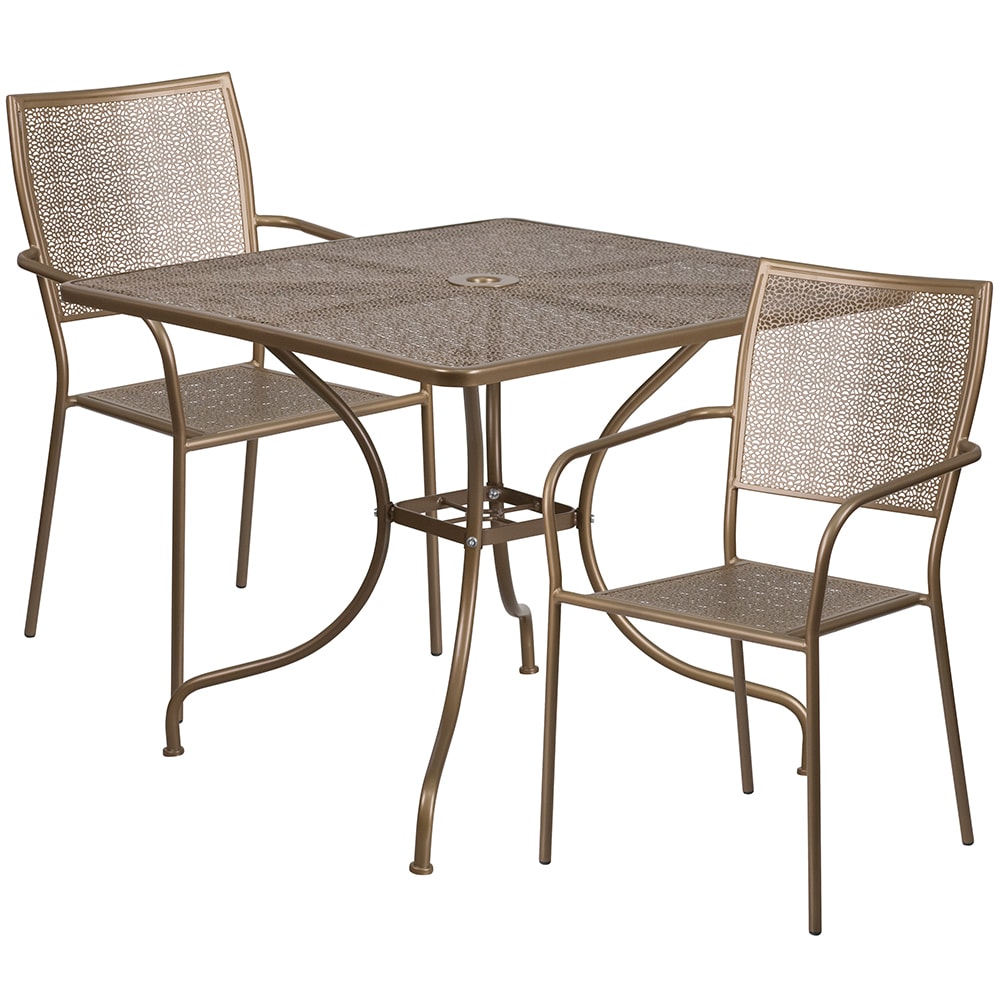 Flash Furniture CO-35SQ-02CHR2-GD-GG 35 1/4" Square Patio Table & (2) Square Back Arm Chair Set - Steel, Gold