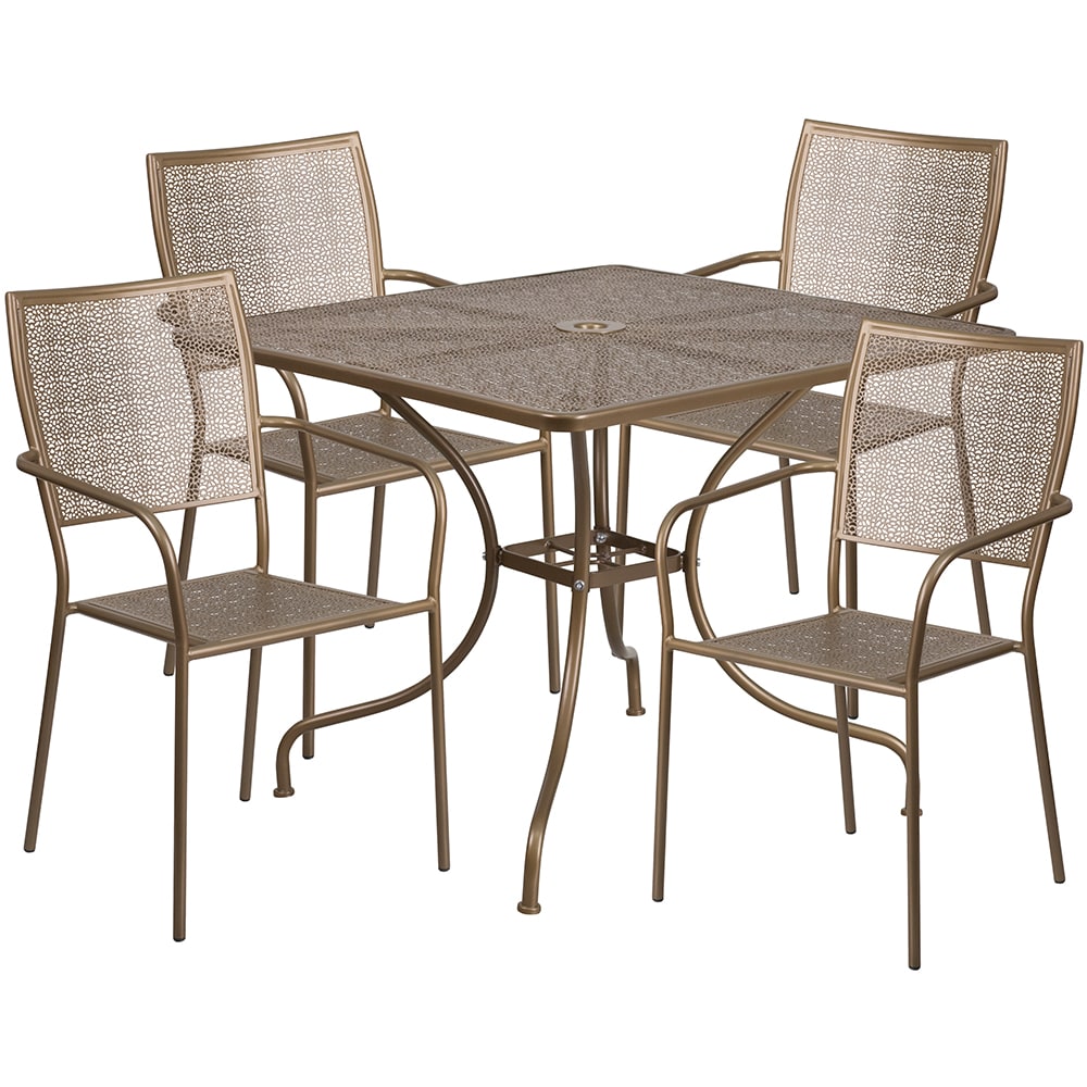 Flash Furniture CO-35SQ-02CHR4-GD-GG 35 1/4" Square Patio Table & (4) Square Back Arm Chair Set - Steel, Gold