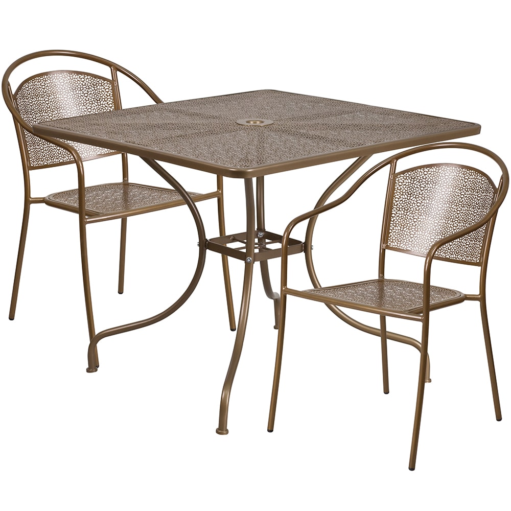 Flash Furniture CO-35SQ-03CHR2-GD-GG 35 1/4" Square Patio Table & (2) Round Back Arm Chair Set - Steel, Gold
