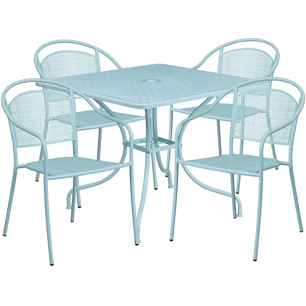 Flash Furniture CO-35SQ-03CHR4-SKY-GG 35 1/4" Square Patio Table & (4) Round Back Arm Chair Set - Steel, Sky Blue