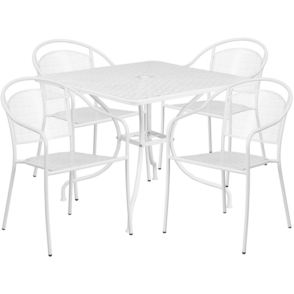 Flash Furniture CO-35SQ-03CHR4-WH-GG 35 1/4" Square Patio Table & (4) Round Back Arm Chair Set - Steel, White