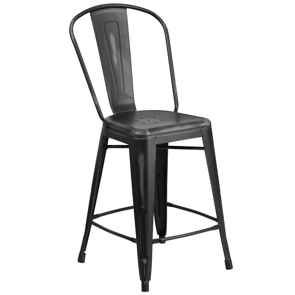 Flash Furniture ET-3534-24-BK-GG Counter Height Bar Stool w/ Curved Back & Metal Seat, Distressed Black