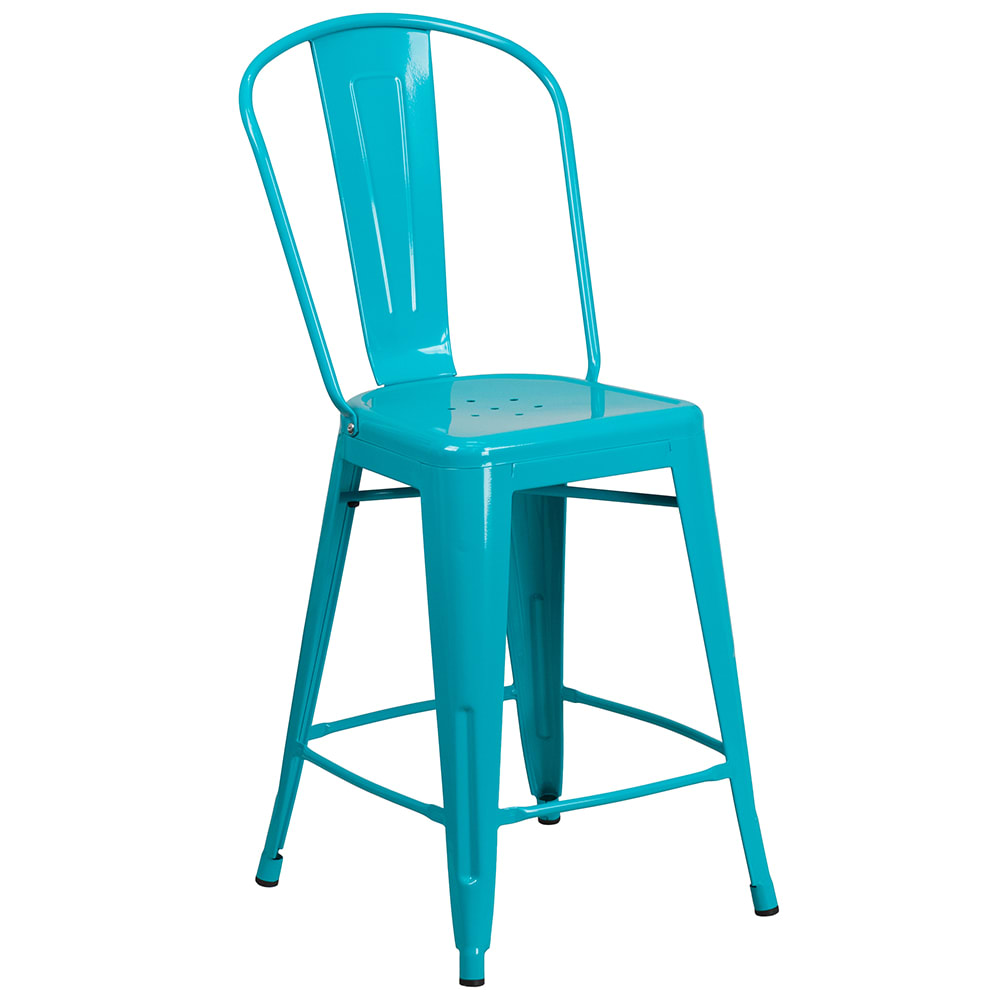 Flash Furniture ET-3534-24-CB-GG Counter Height Bar Stool w/ Curved Back & Metal Seat, Crystal Teal Blue