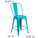 Flash Furniture ET-3534-24-CB-GG Counter Height Bar Stool w/ Curved Back & Metal Seat, Crystal Teal Blue thumbnail 2