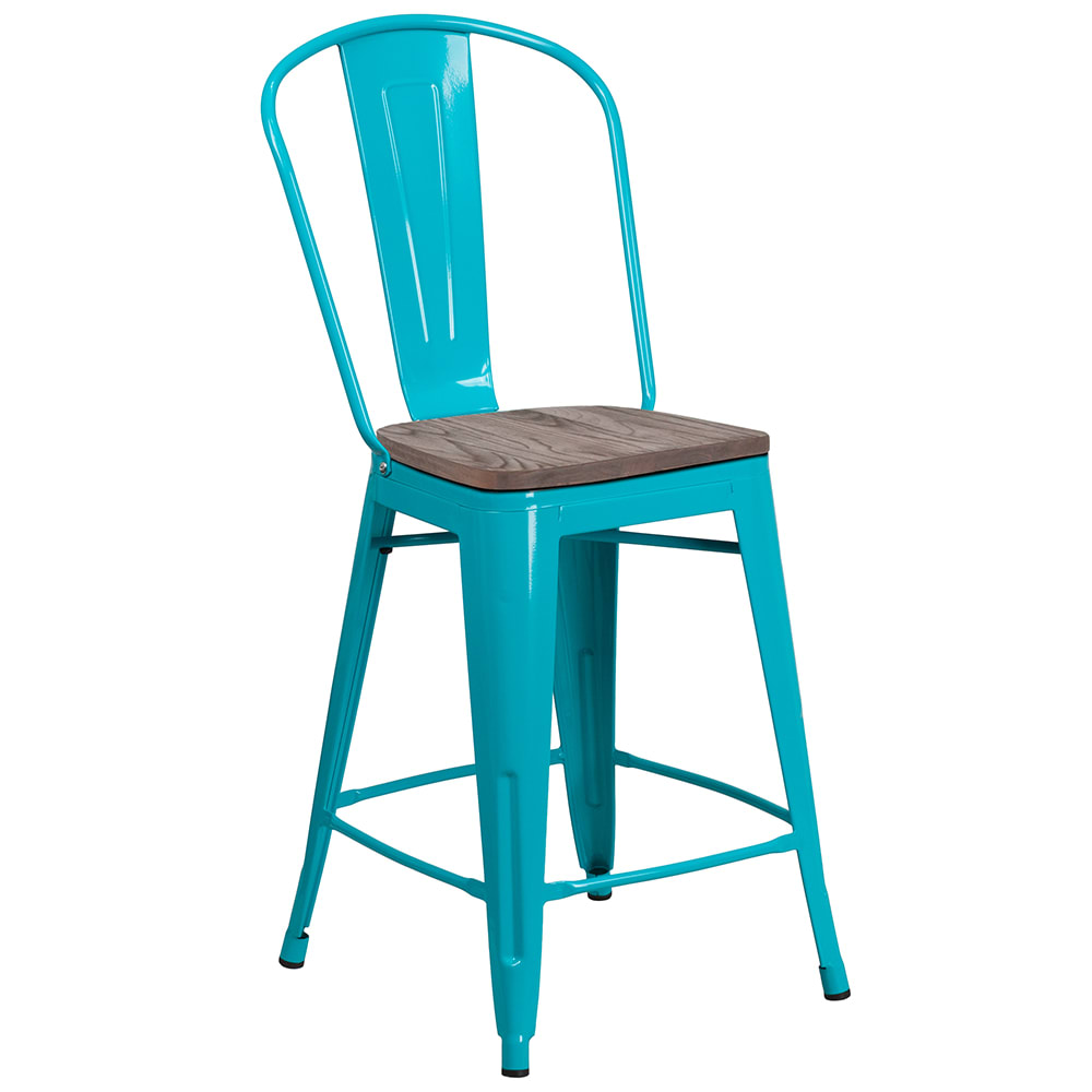 Flash Furniture ET-3534-24-CB-WD-GG Counter Height Bar Stool w/ Curved Back & Wood Seat, Crystal Teal Blue
