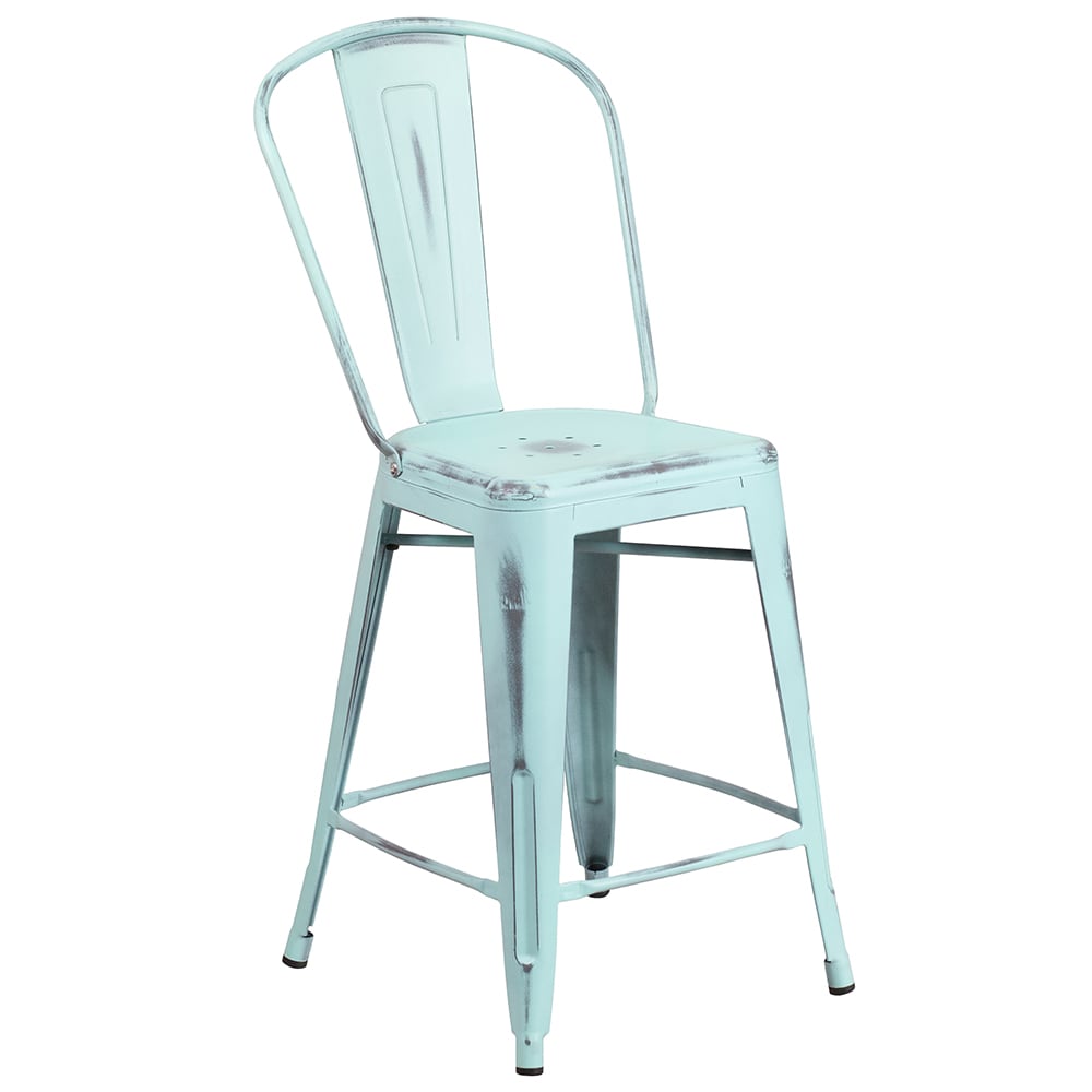 Flash Furniture ET-3534-24-DB-GG Counter Height Bar Stool w/ Curved Back & Metal Seat, Distressed Green Blue