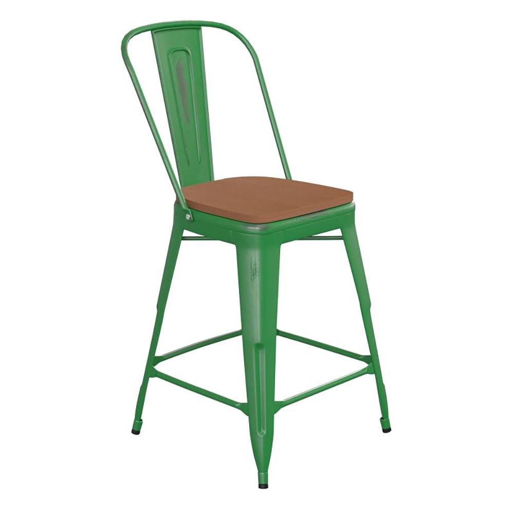 Flash Furniture ET-3534-24-GN-PL1T-GG Counter Height Bar Stool w/ Curved Back & 24" Wood Seat, Green