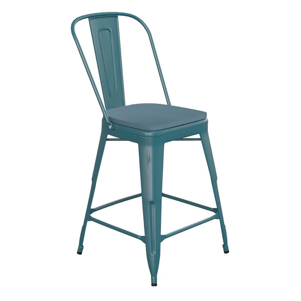 Flash Furniture ET-3534-24-KB-PL1C-GG Counter Height Bar Stool w/ Curved Back & 24" Wood Seat, High Kelly Blue -Teal