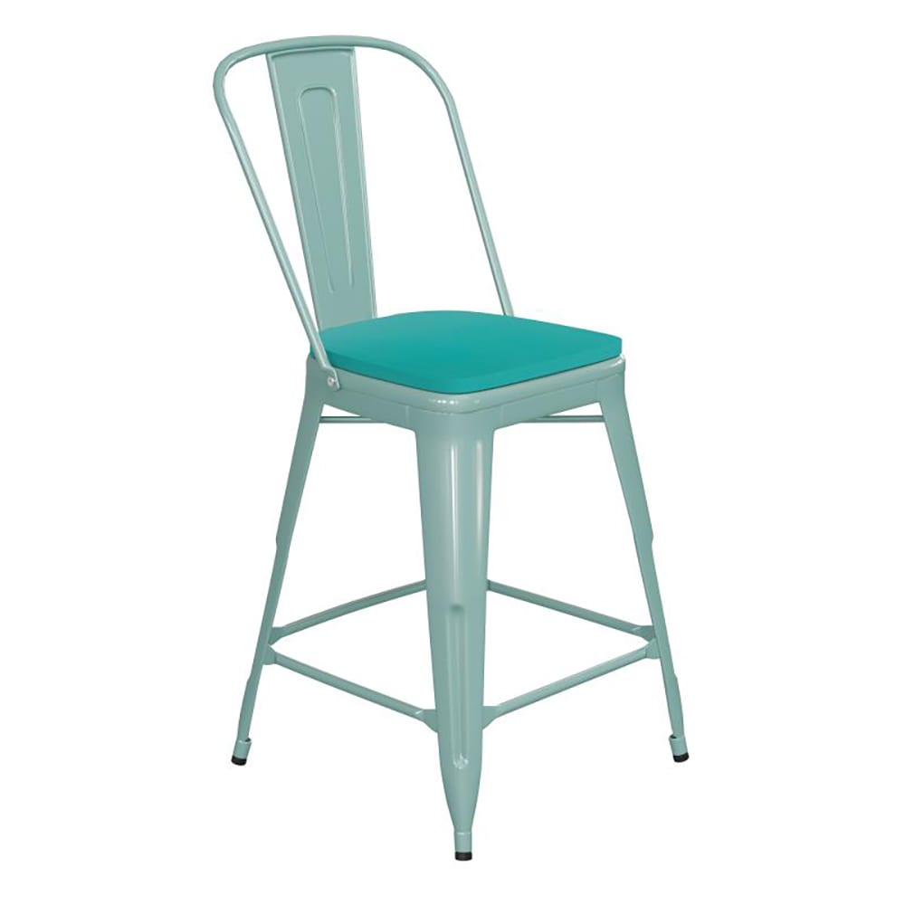 Flash Furniture ET-3534-24-MINT-PL1M-GG Counter Height Bar Stool w/ Curved Back & 24" Wood Seat, High Mint Green
