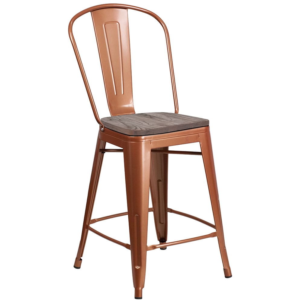 Flash Furniture ET-3534-24-POC-WD-GG Counter Height Bar Stool w/ Curved Back & Wood Seat, Copper
