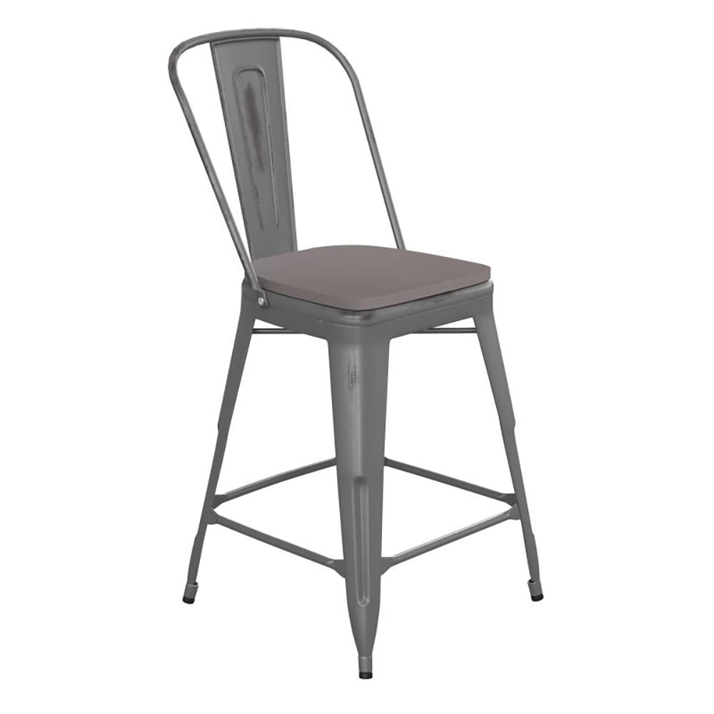 Flash Furniture ET-3534-24-SIL-PL1G-GG Counter Height Bar Stool w/ Curved Back & 24" Wood Seat, Silver