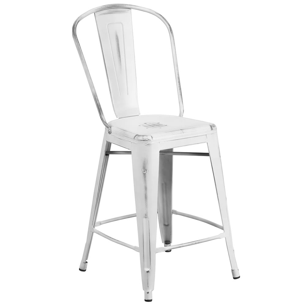 Flash Furniture ET-3534-24-WH-GG Counter Height Bar Stool w/ Curved Back & Metal Seat, Distressed White
