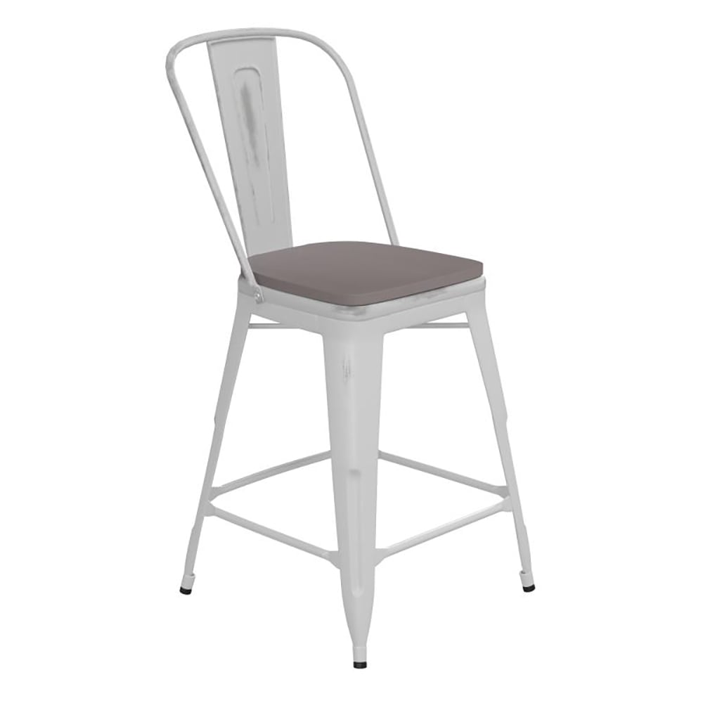 Flash Furniture ET-3534-24-WH-PL1G-GG Counter Height Bar Stool w/ Curved Back & 24" Wood Seat, White