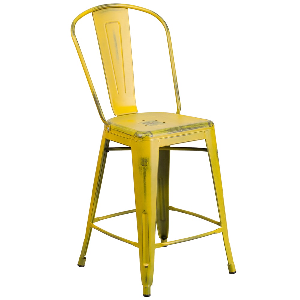 Flash Furniture ET-3534-24-YL-GG Counter Height Bar Stool w/ Curved Back & Metal Seat, Distressed Yellow