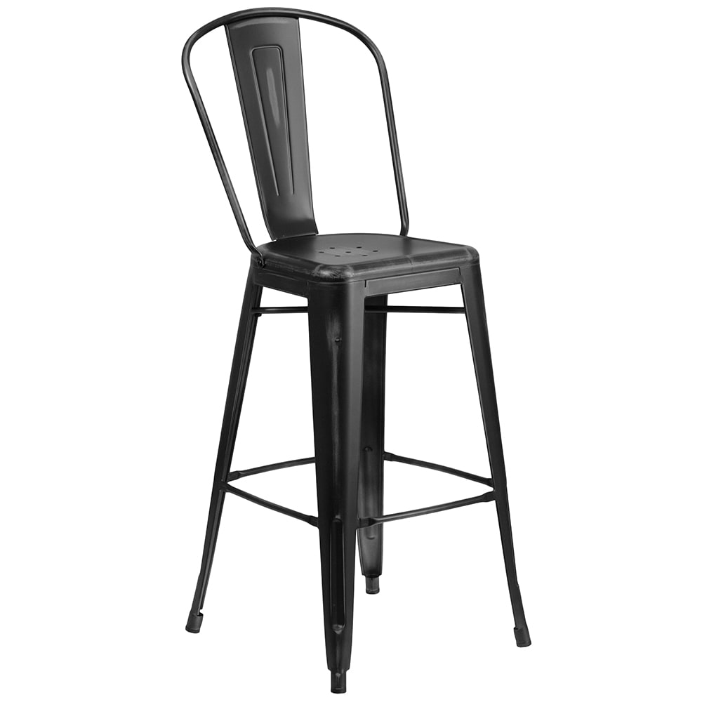 Flash Furniture ET-3534-30-BK-GG Bar Stool w/ Curved Back & Metal Seat, Distressed Black