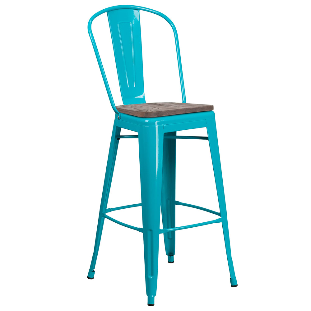 Flash Furniture ET-3534-30-CB-WD-GG Bar Stool w/ Curved Back & Wood Seat, Crystal Teal Blue