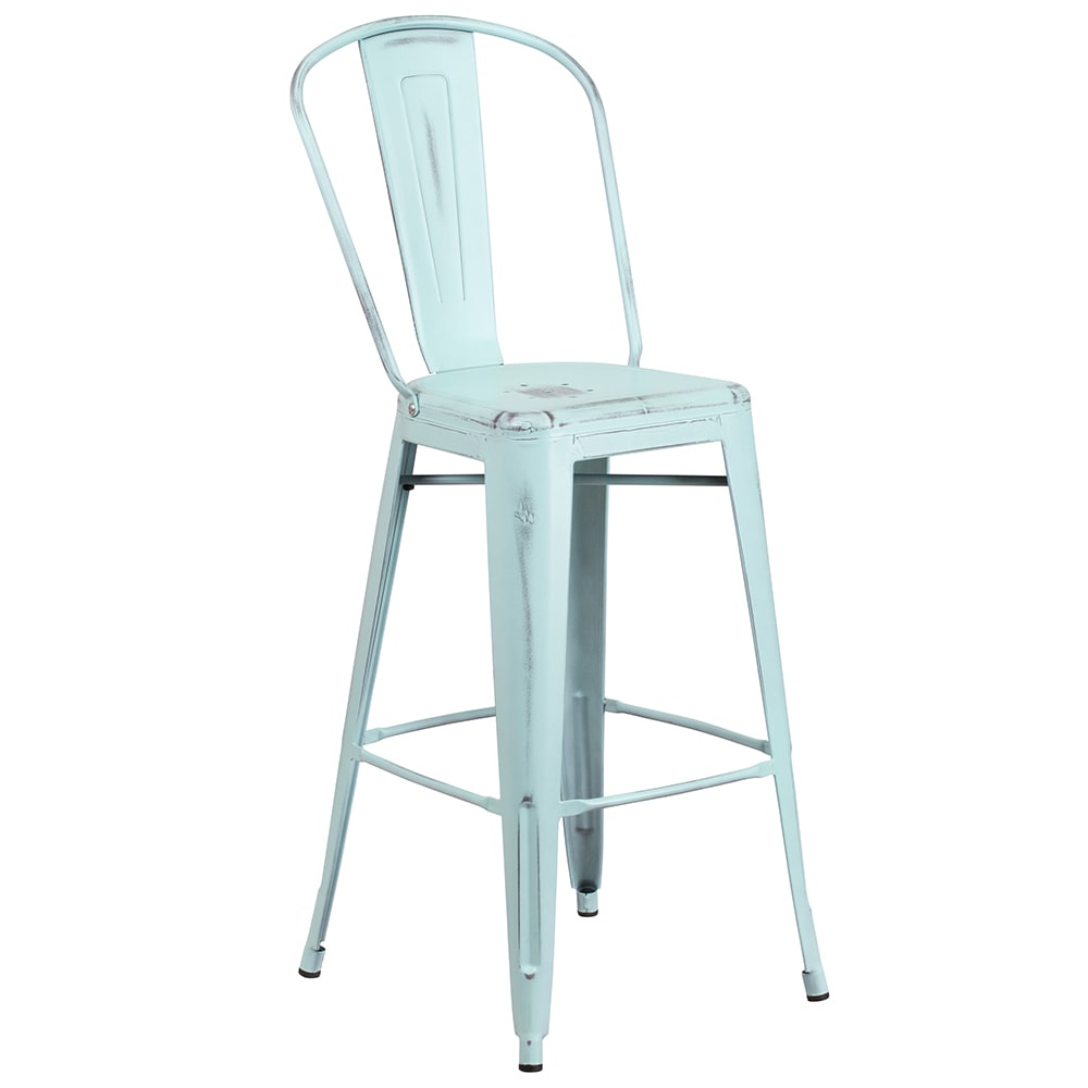 Flash Furniture ET-3534-30-DB-GG Bar Stool w/ Curved Back & Metal Seat, Distressed Green Blue