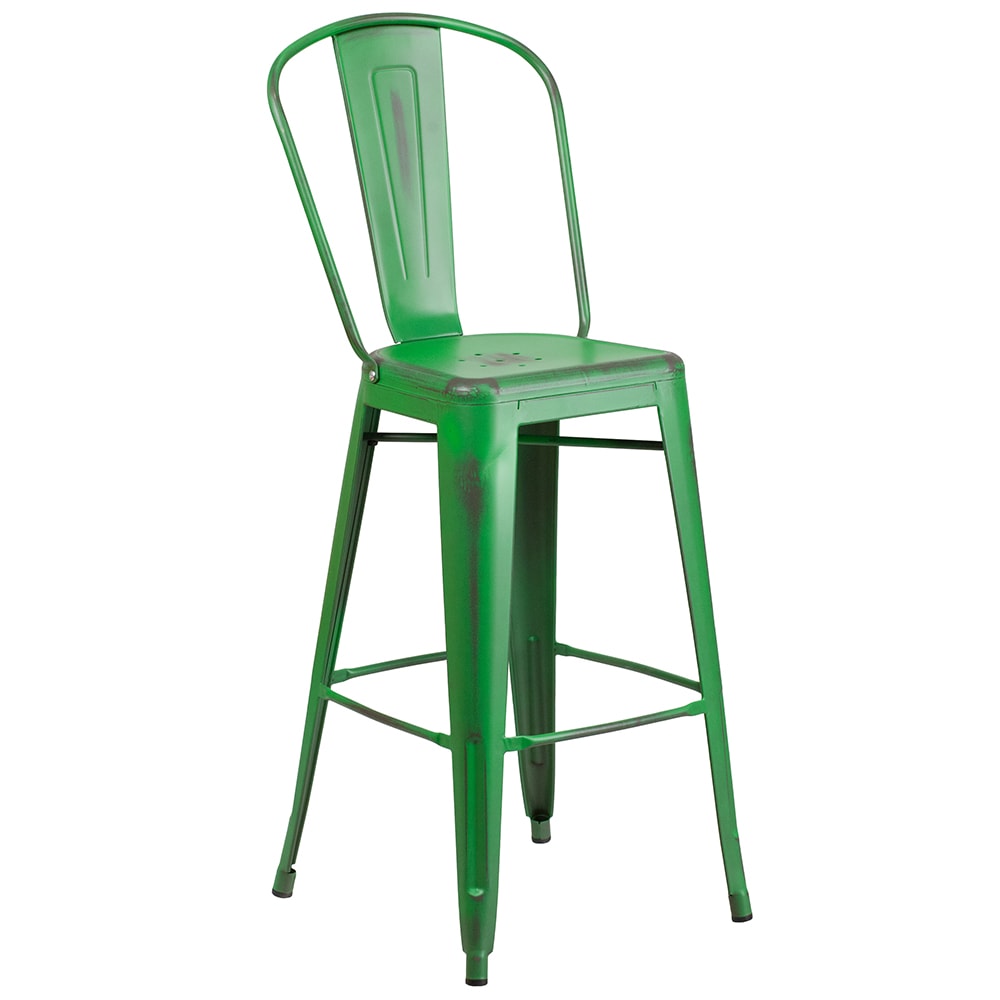 Flash Furniture ET-3534-30-GN-GG Bar Stool w/ Curved Back & Metal Seat, Distressed Green