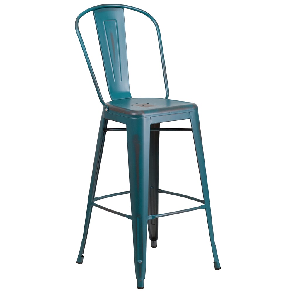 Flash Furniture ET-3534-30-KB-GG Bar Stool w/ Curved Back & Metal Seat, Distressed Kelly Blue