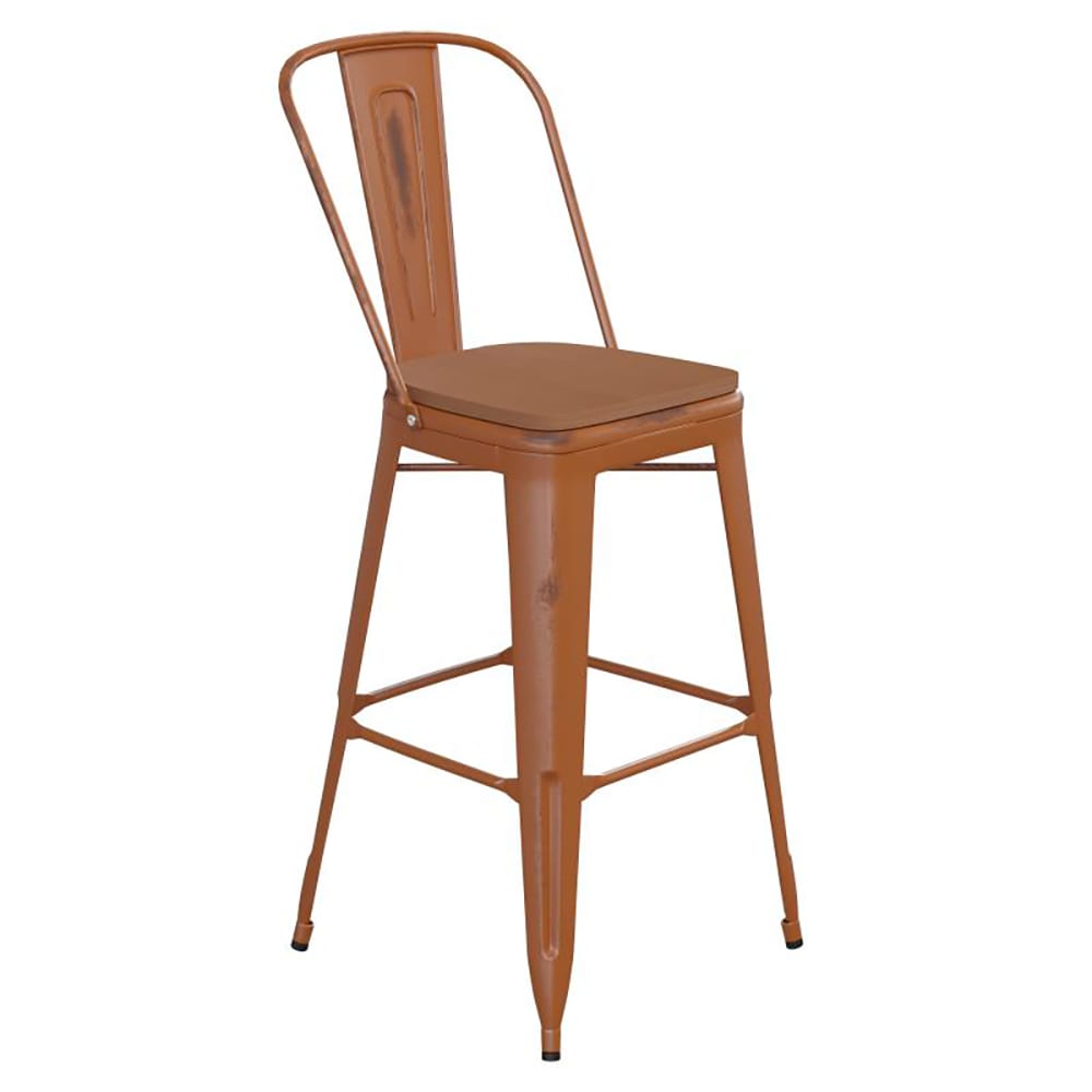 Flash Furniture ET-3534-30-OR-PL1T-GG Counter Height Bar Stool w/ Curved Back & 30" Wood Seat, Orange