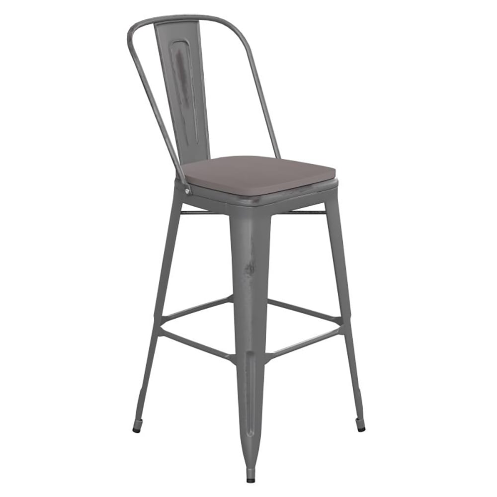 Flash Furniture ET-3534-30-SIL-PL1G-GG Counter Height Bar Stool w/ Curved Back & 30" Wood Seat, Silver