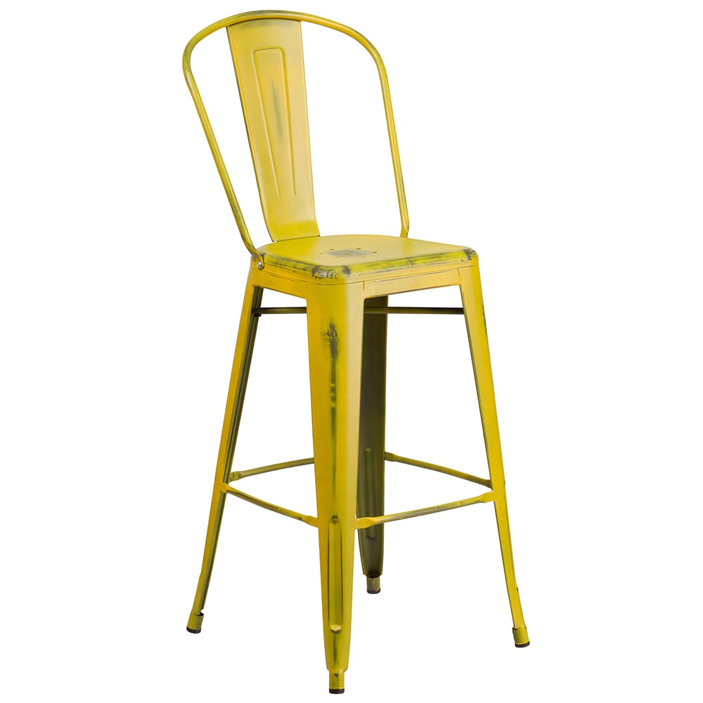 Flash Furniture ET-3534-30-YL-GG Bar Stool w/ Curved Back & Metal Seat, Distressed Yellow