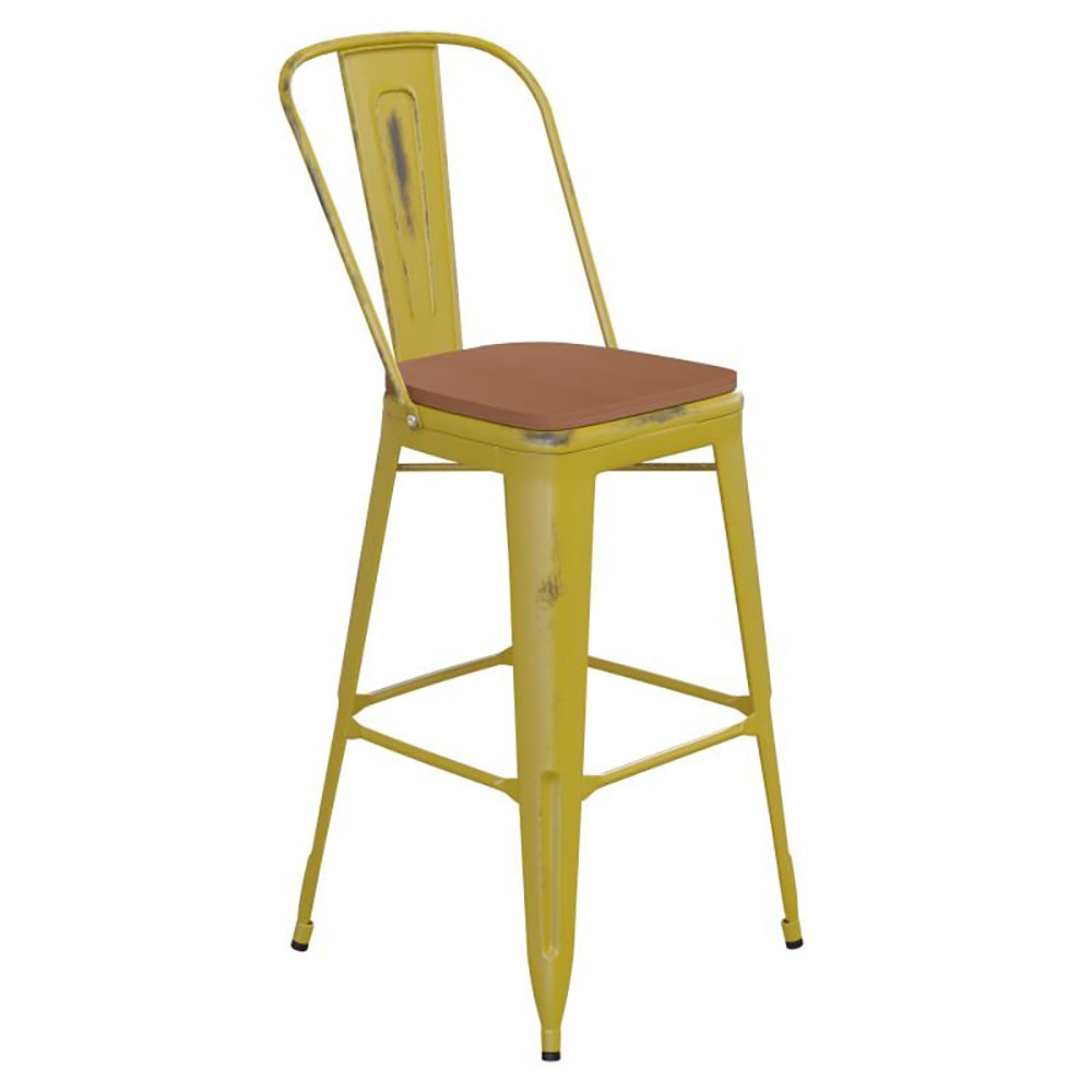 Flash Furniture ET-3534-30-YL-PL1T-GG Counter Height Bar Stool w/ Curved Back & 30" Wood Seat, Yellow