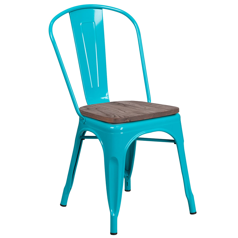 Flash Furniture ET-3534-CB-WD-GG Stacking Side Chair w/ Vertical Slat Back & Wood Seat - Steel Frame, Teal Blue