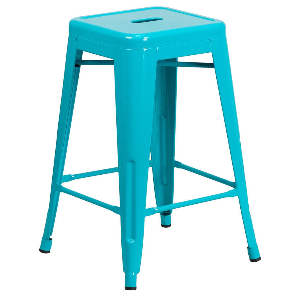 Flash Furniture ET-BT3503-24-CB-GG Counter Height Backless Bar Stool w/ Metal Seat, Crystal Teal Blue