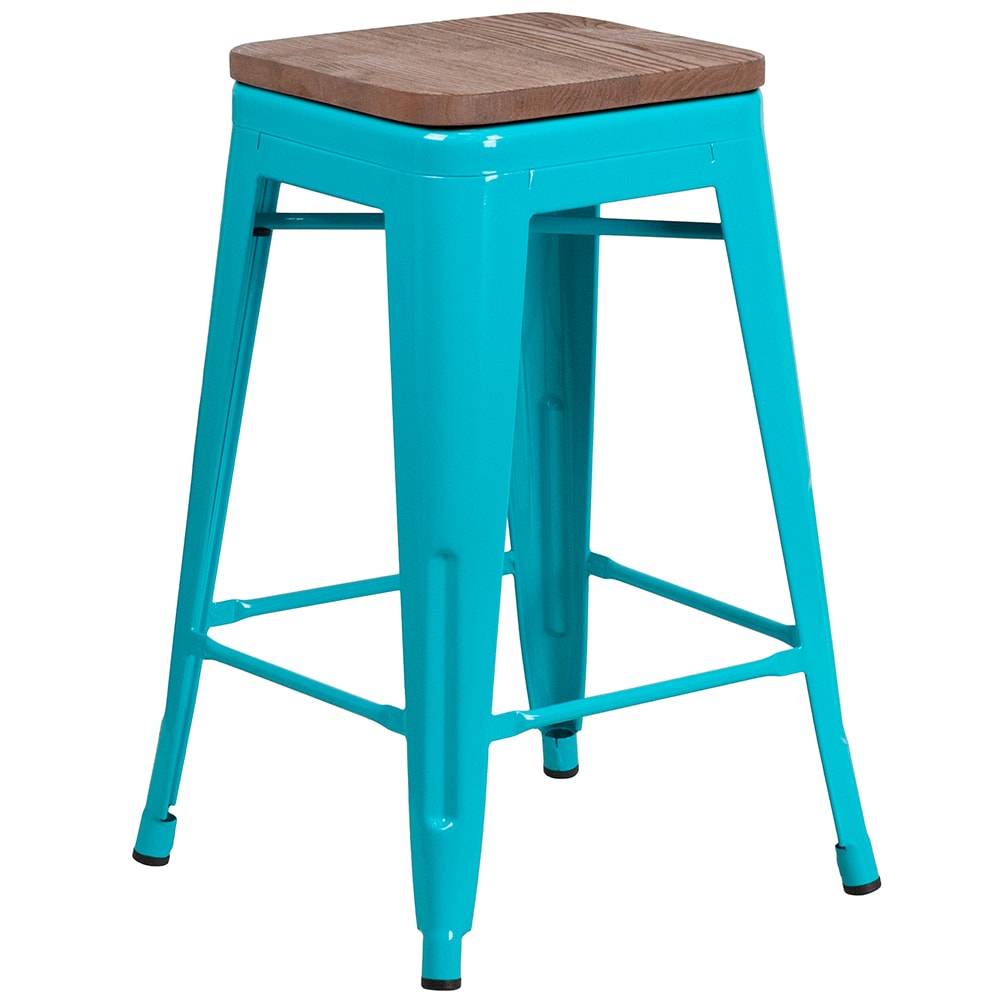 Flash Furniture ET-BT3503-24-CB-WD-GG Counter Height Backless Bar Stool w/ Wood Seat, Crystal Teal Blue