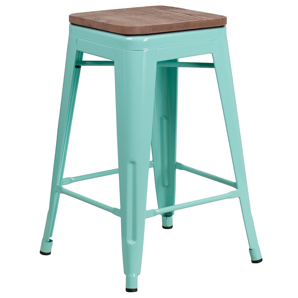 Flash Furniture ET-BT3503-24-MINT-WD-GG Counter Height Backless Bar Stool w/ Wood Seat, Mint