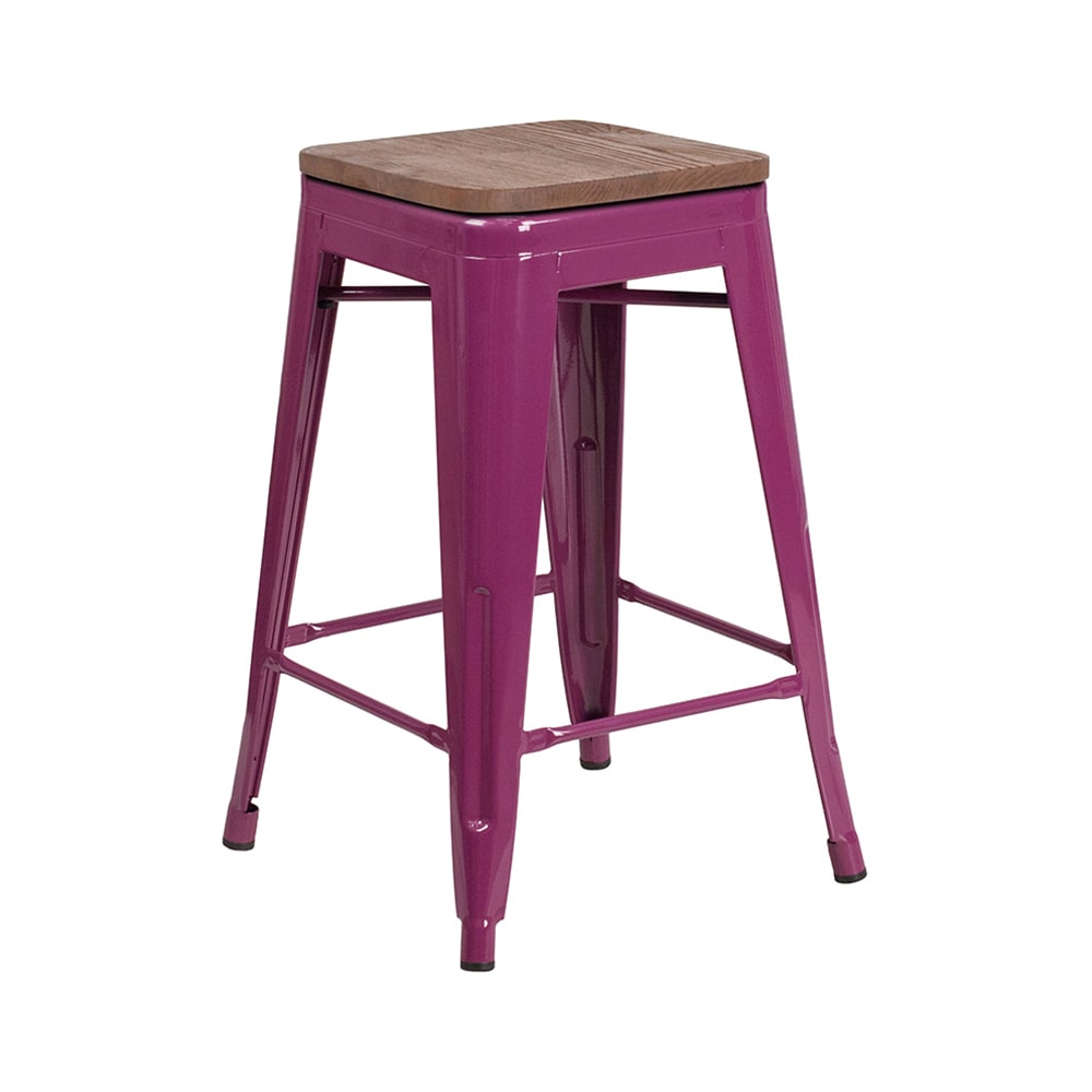 Flash Furniture ET-BT3503-24-PUR-WD-GG Counter Height Backless Bar Stool w/ Wood Seat, Purple
