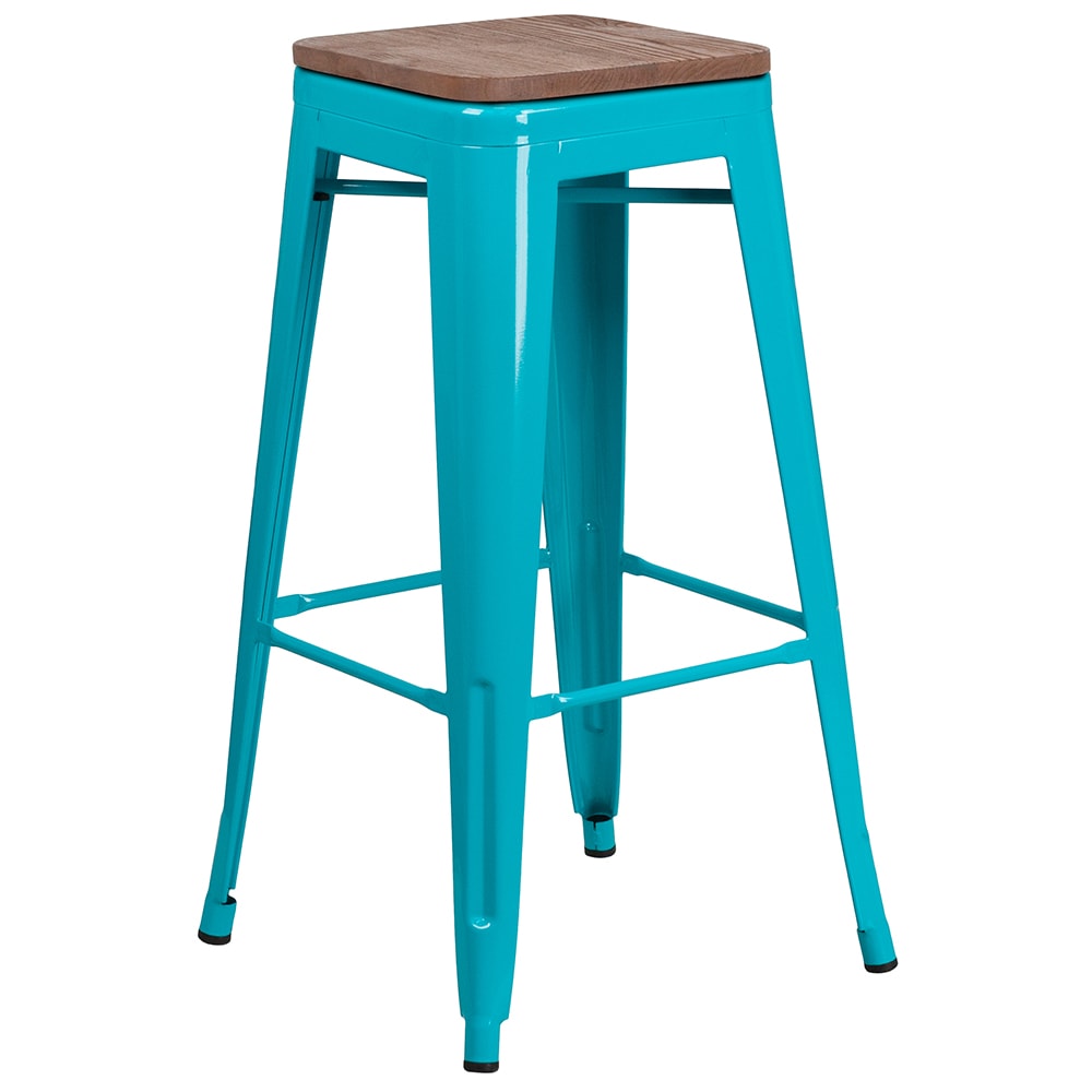 Flash Furniture ET-BT3503-30-CB-WD-GG Backless Bar Stool w/ Wood Seat, Crystal Teal Blue